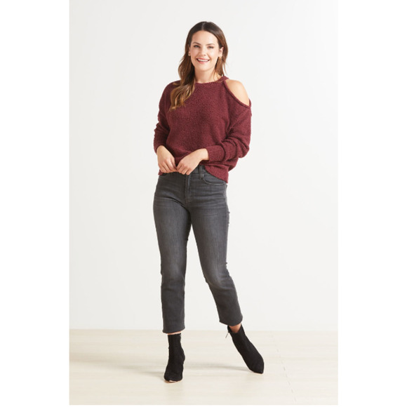 JAMISON NEW Evereve Maroon Chenille Open Shoulder Sweater Pullover // S - Picture 3 of 12